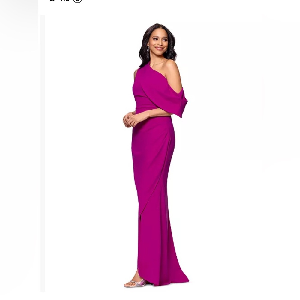 Betsy & Adam One-Shoulder Magenta Evening Gown
